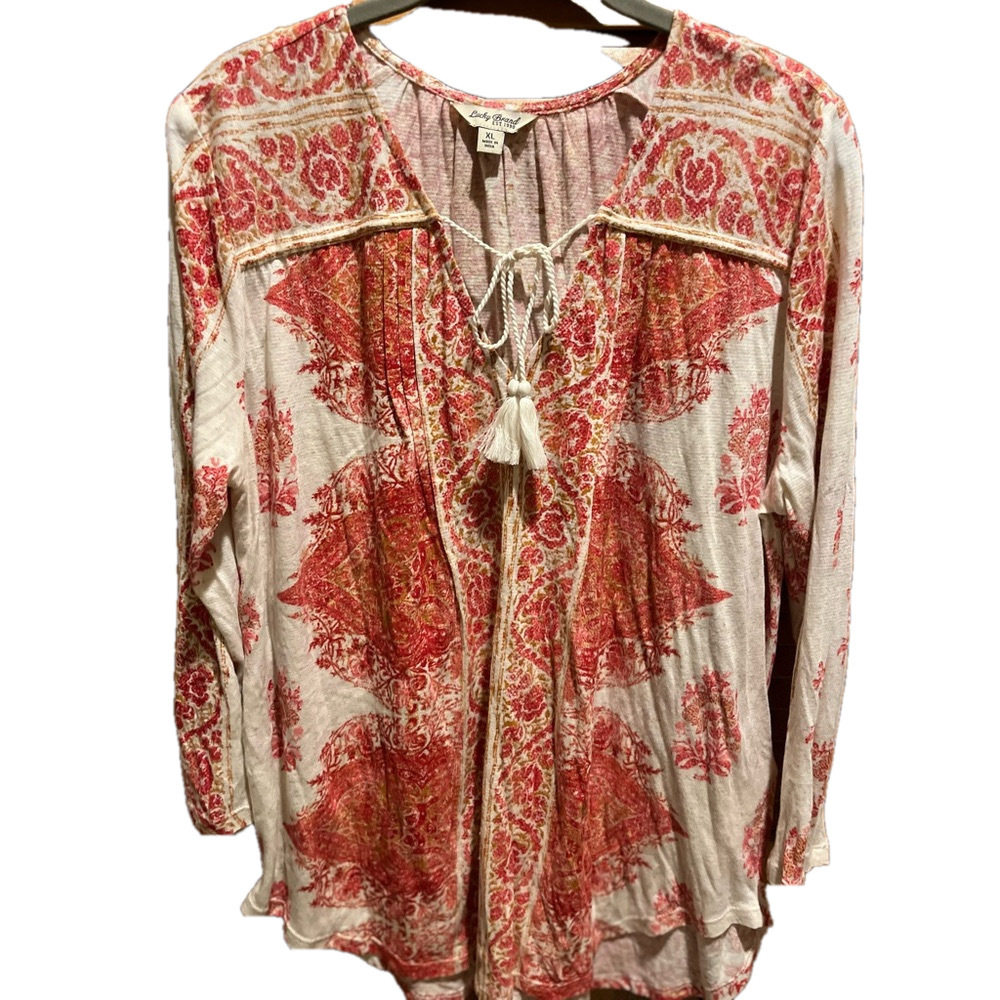 Lucky Brand Red and Cream Boho Tassel Tie Blouse XL